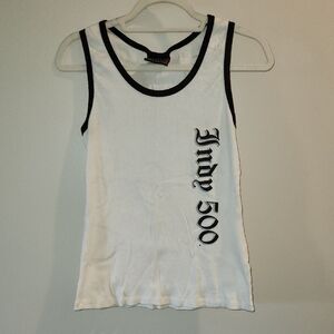 White Tank Top with Black Trim and Indy 500 Print